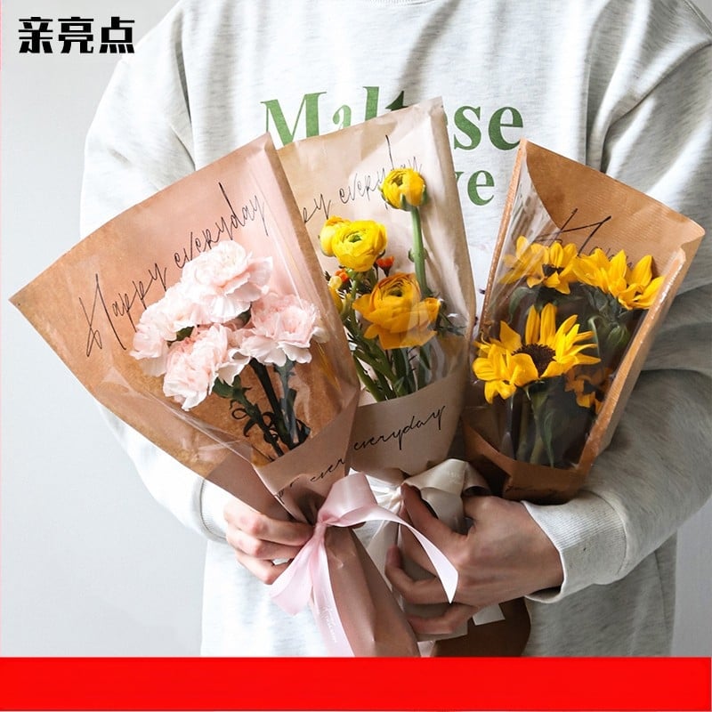 Kraft popieriaus žiedlapių puokštės įpakavimo maišelis, atsparus vandeniui, rašalo spausdinimas, opp pakuotė