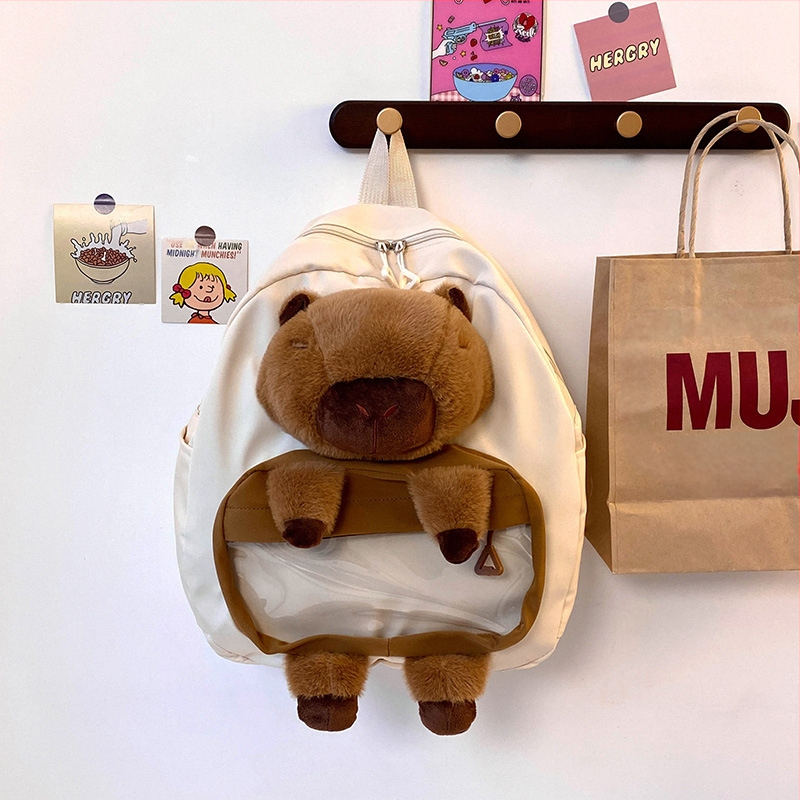 Kapibara pūkuota kuprinė mergaitėms – nailoniniai pūšiai, PP medvilnės užpildas, pavyzdžio pritaikymas