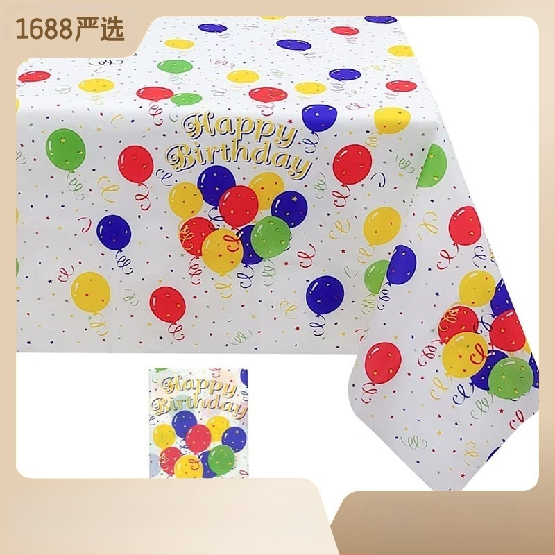 Vienkartinis stalo užvalkalas su balionų raštu, iš plastiko (polietilenas), stačiakampio formos, storis 0,03 mm, galiojimo laikas 36 mėn.