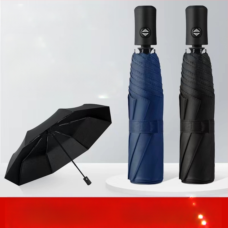 lietussargs ar 8 ribām, vēju izturīgs, trīsdaļīgs salocīts, pusautomātisks atvērums, automātisks aizvērums, 210T audums, logotipa personalizācija