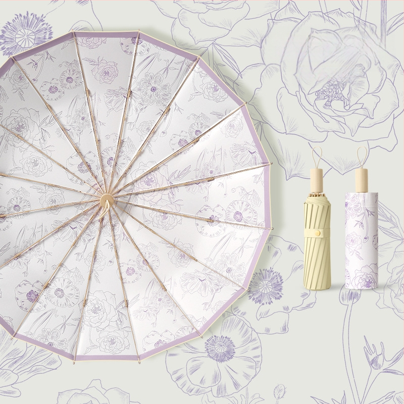 Ομπρέλα ήλίου με 16 βέργες, χειροκίνητο άνοιγμα, UV προστασία UPF 50+, βέργες από κράμα, λαβή από σκληρό ξύλο