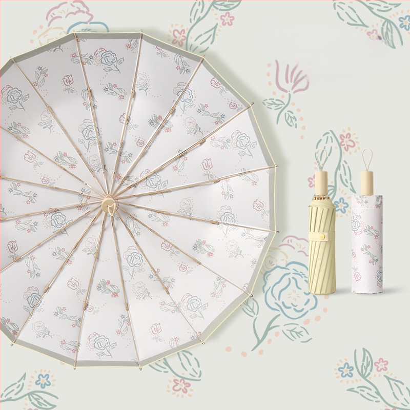 Ομπρέλα ήλίου με 16 βέργες, χειροκίνητο άνοιγμα, UV προστασία UPF 50+, βέργες από κράμα, λαβή από σκληρό ξύλο