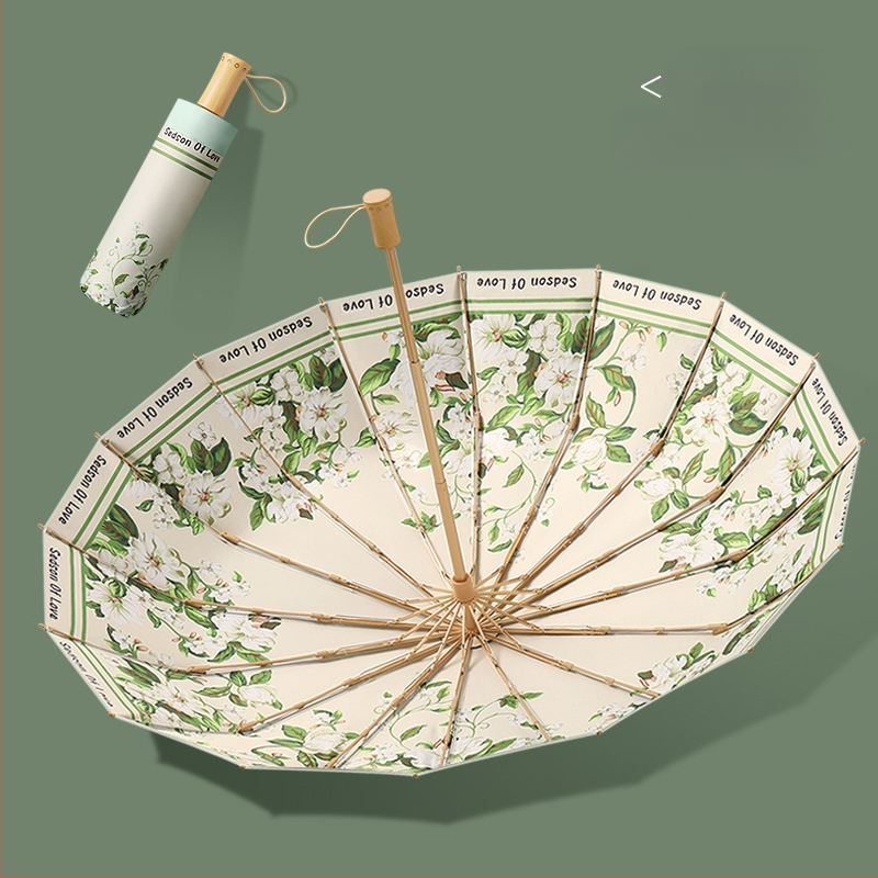 Ομπρέλα ήλίου με 16 βέργες, χειροκίνητο άνοιγμα, UV προστασία UPF 50+, βέργες από κράμα, λαβή από σκληρό ξύλο