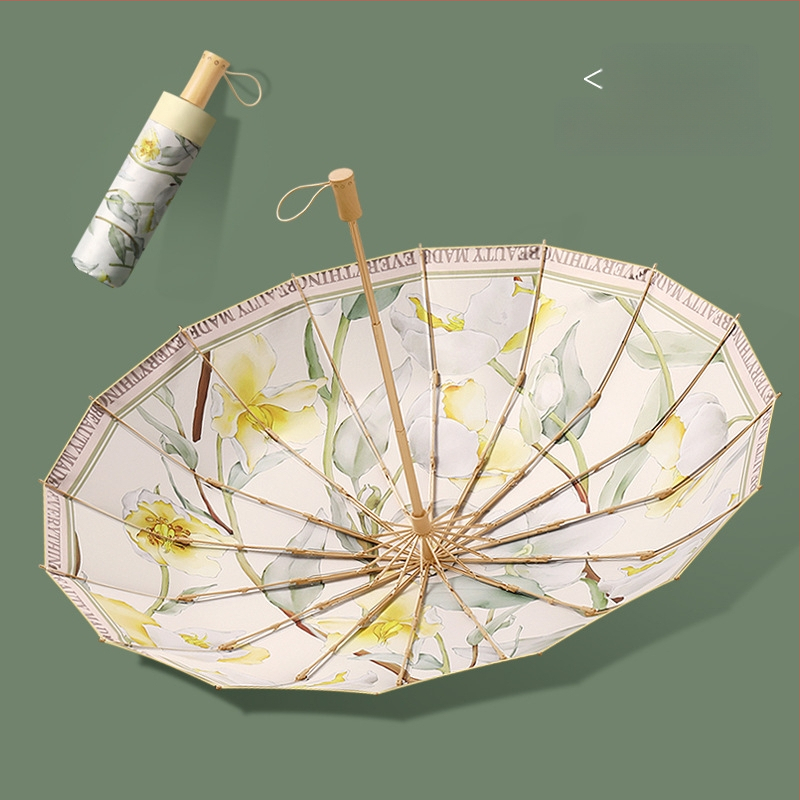 Ομπρέλα ήλίου με 16 βέργες, χειροκίνητο άνοιγμα, UV προστασία UPF 50+, βέργες από κράμα, λαβή από σκληρό ξύλο