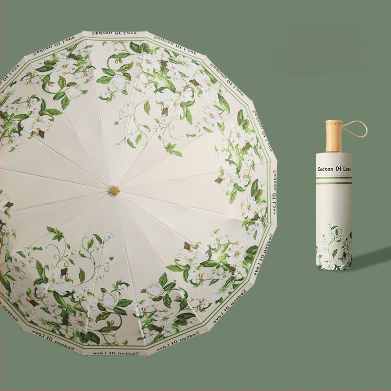 Ομπρέλα ήλίου με 16 βέργες, χειροκίνητο άνοιγμα, UV προστασία UPF 50+, βέργες από κράμα, λαβή από σκληρό ξύλο