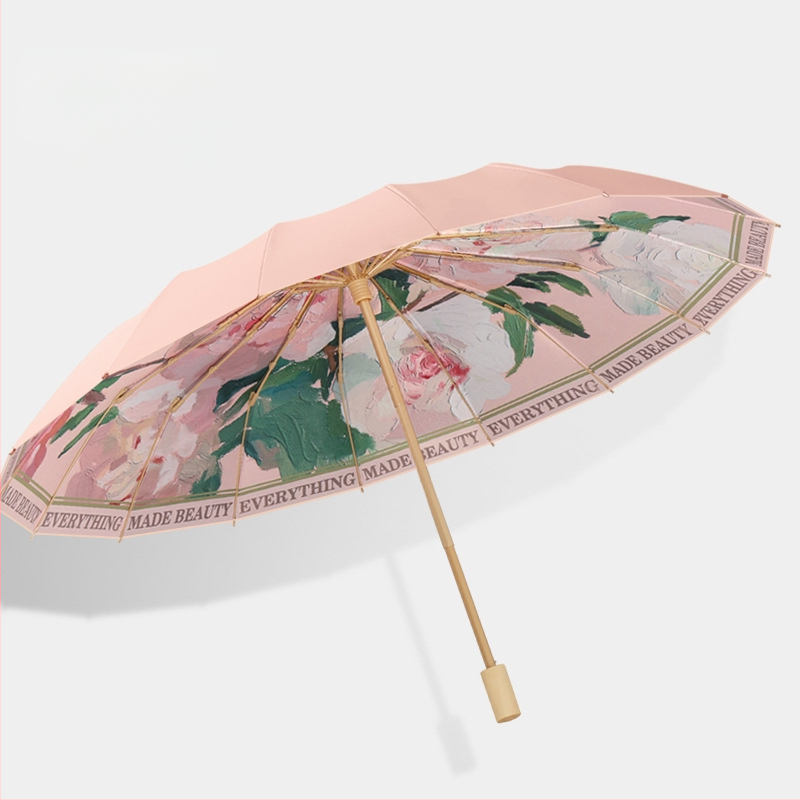 Ομπρέλα ήλίου με 16 βέργες, χειροκίνητο άνοιγμα, UV προστασία UPF 50+, βέργες από κράμα, λαβή από σκληρό ξύλο