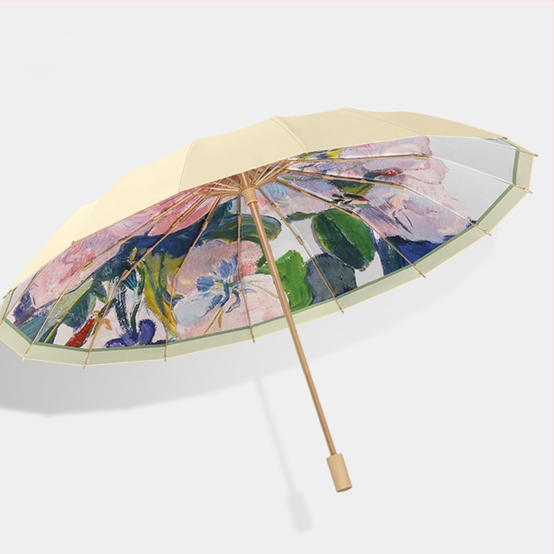 Ομπρέλα ήλίου με 16 βέργες, χειροκίνητο άνοιγμα, UV προστασία UPF 50+, βέργες από κράμα, λαβή από σκληρό ξύλο