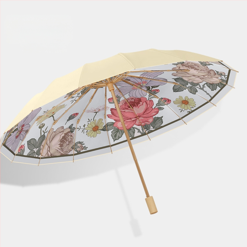 Ομπρέλα ήλίου με 16 βέργες, χειροκίνητο άνοιγμα, UV προστασία UPF 50+, βέργες από κράμα, λαβή από σκληρό ξύλο