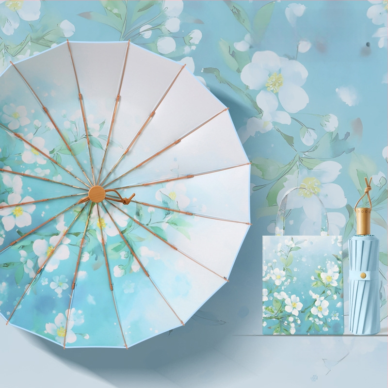 Senovinio stiliaus skėtis su 16 aliuminio rėmų, sulankstomas, UV apsauga UPF50+, 170T audinys