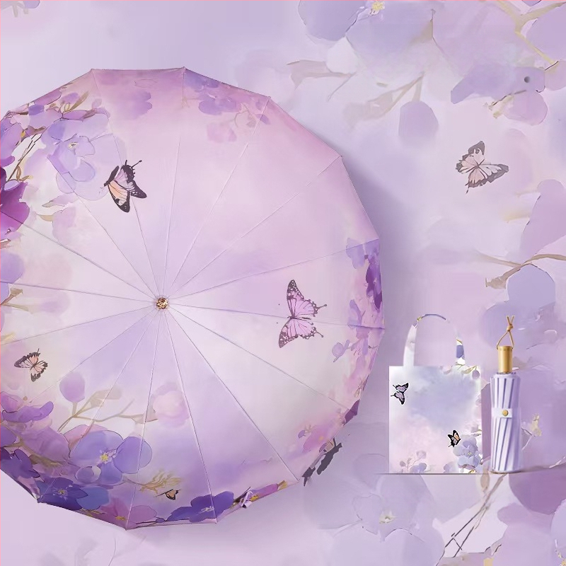 Senovinio stiliaus skėtis su 16 aliuminio rėmų, sulankstomas, UV apsauga UPF50+, 170T audinys