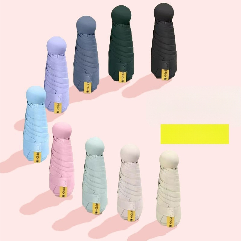 Umbrelă capsulă cu cinci segmente, de buzunar, protecție UV UPF50+, țesătură 190T, 6 brațe, tijă din oțel, mâner din plastic, deschidere manuală, umbrelă publicitară