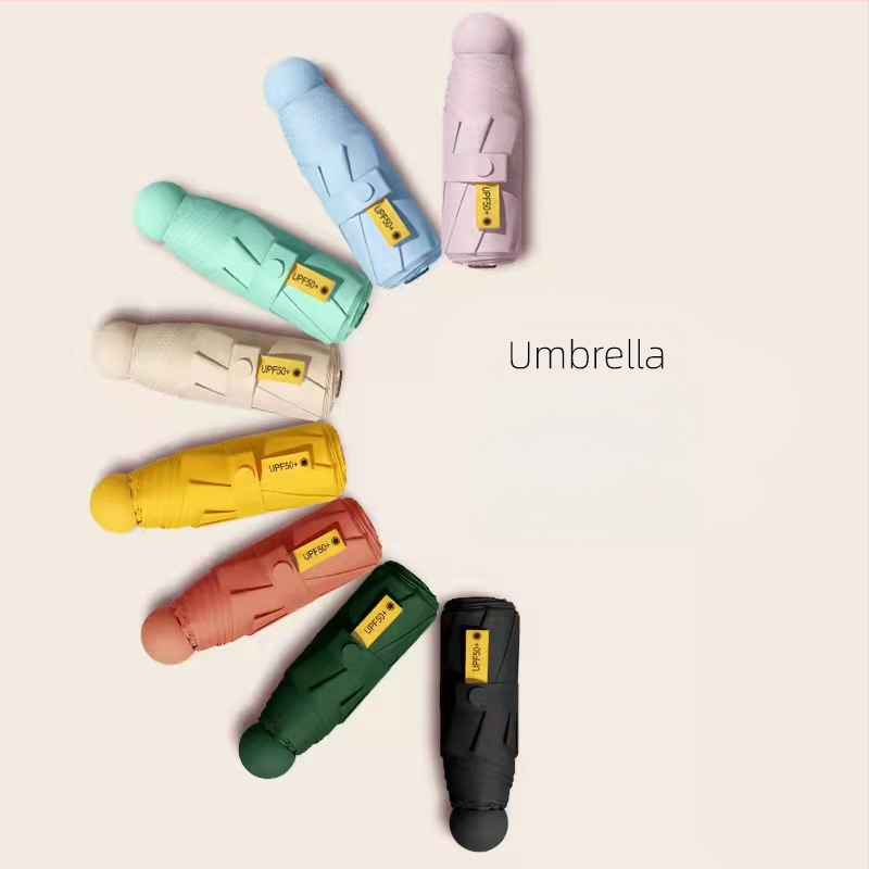 Umbrelă capsulă cu cinci segmente, de buzunar, protecție UV UPF50+, țesătură 190T, 6 brațe, tijă din oțel, mâner din plastic, deschidere manuală, umbrelă publicitară