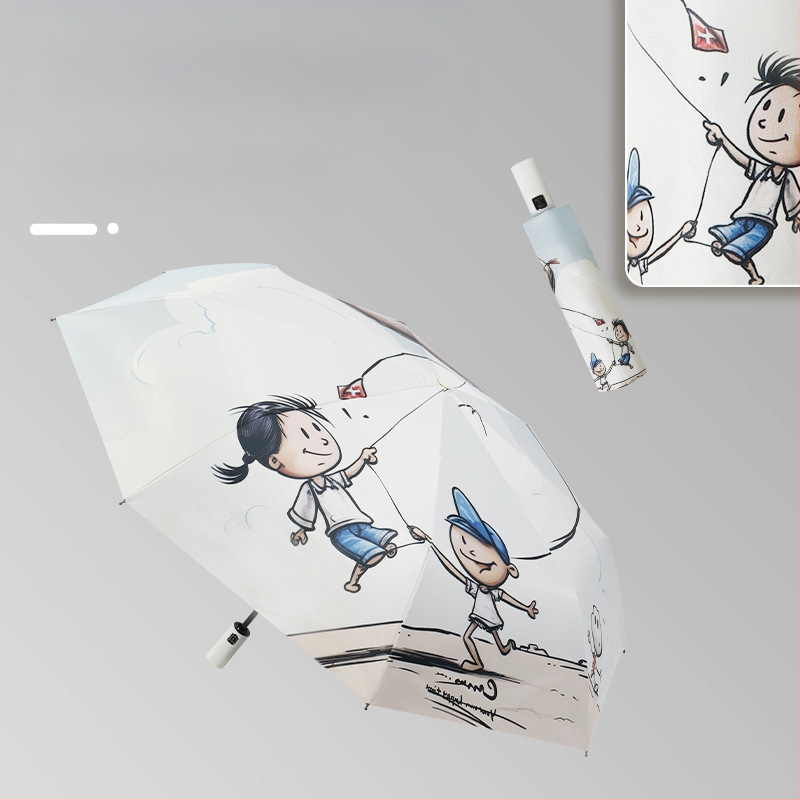 Automatinis skėtis nuo saulės ir lietaus studentams, 8 rėmų strypai, retro trijų dalių dizainas, UPF50+, lengvas