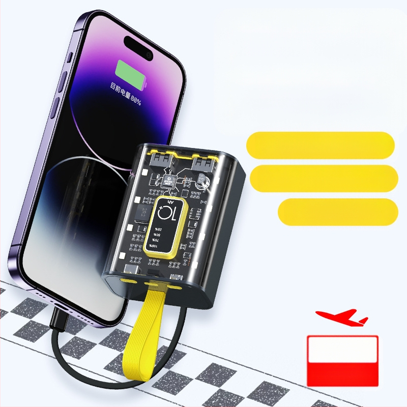 Power Bank 10000mAh cu cablu încorporat, stil industrial, baterie litiu-ion, intrare 5V, ieșire 10W QC2.0