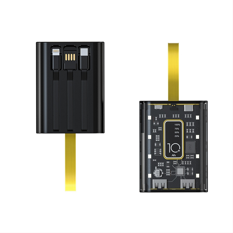 Power Bank 10000mAh cu cablu încorporat, stil industrial, baterie litiu-ion, intrare 5V, ieșire 10W QC2.0