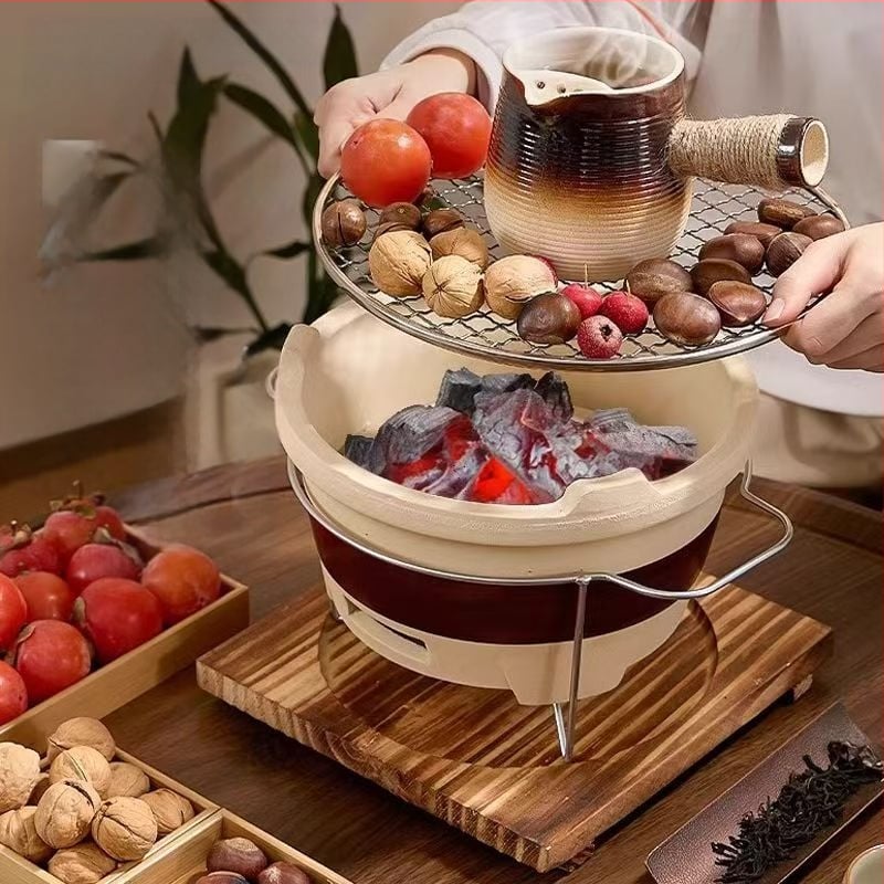 Lauko keraminis arbatos rinkinys su anglimi – kempingo arbatos rinkinys su atvira liepsna, nešiojamas, atsparus karščiui, tinkamas 6–10 žmonėms, pritaikymas galimas