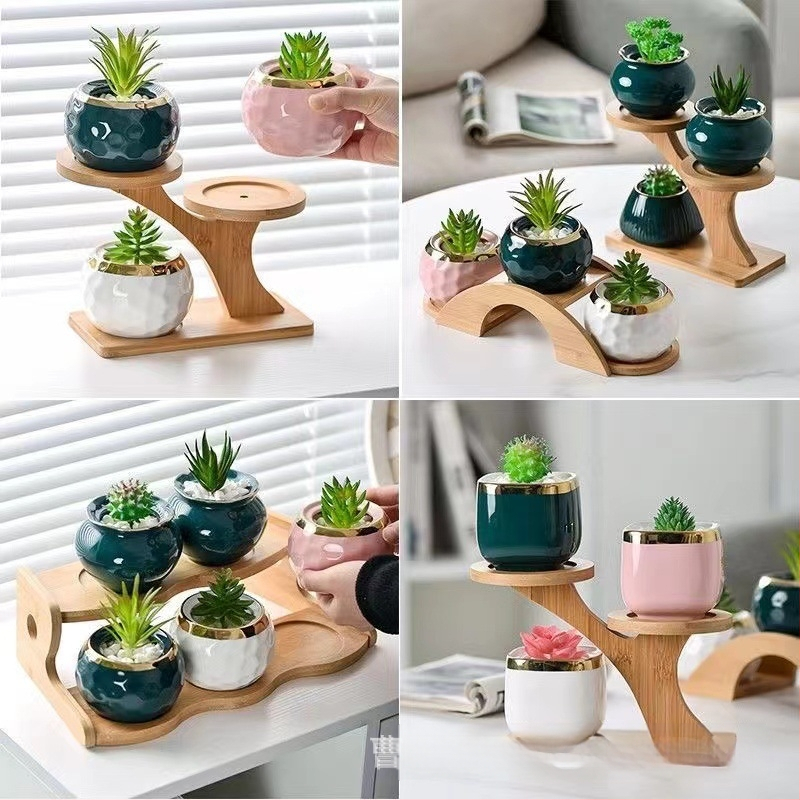 Επιτραπέζιο μπαμπού ράφι φυτών για παχύφυτα — Πολυεπίπεδο ξύλινο ράφι γλαστών, μοντέρνο μινιμαλιστικό στυλ, εύκολη συναρμολόγηση