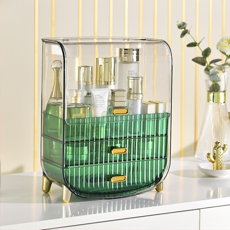 Šviesaus luksuso skaidrus makiažo laikymo dėklas su dangteliu, stalčiu tipo daugiapakopis stalinis organizatorius makiažui, PET medžiaga, logotipo spausdinimas, pritaikymas