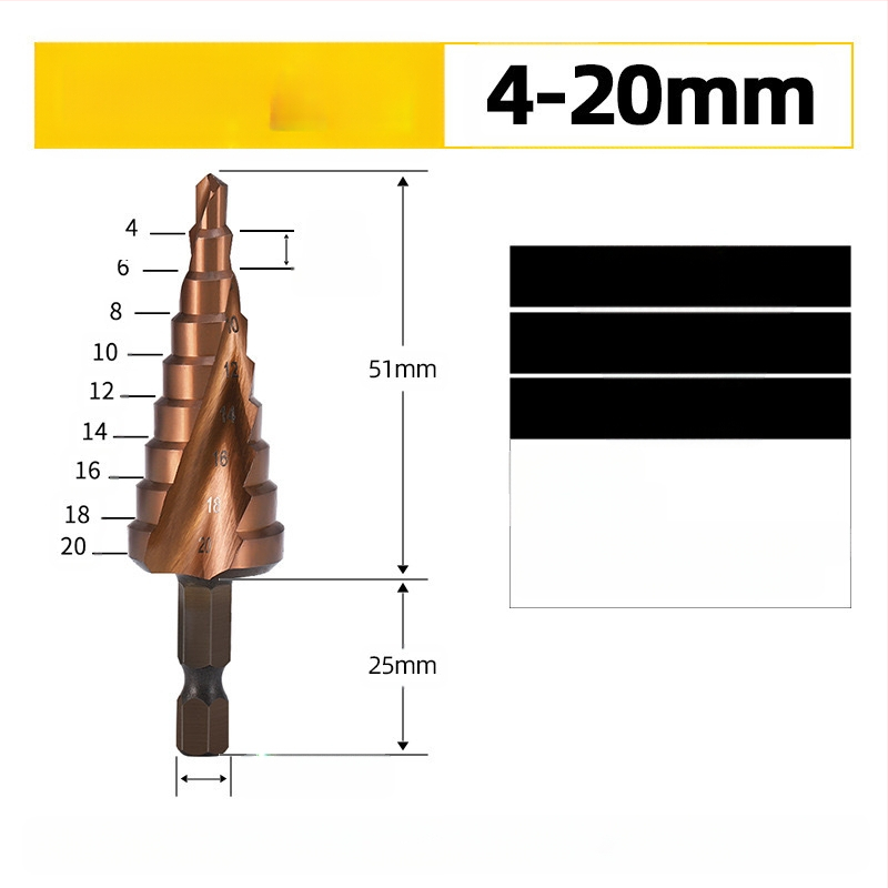 Пагода стил стъпково бурово свредло с прави канали, HSS, за неръждаема стомана и алуминий