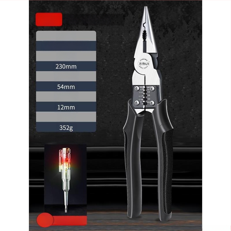 Pramoninės klasės žnyplės elektrikams, daugiafunkcinės su ilgu nosimi
