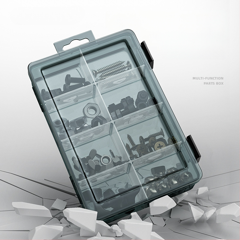 Plasztikus alkatrész tároló doboz többszintes rekeszekkel és megerősített válaszfalakkal, levehető elválasztókkal csavarokhoz, fúrófejekhez és elektronikai alkatrészekhez
