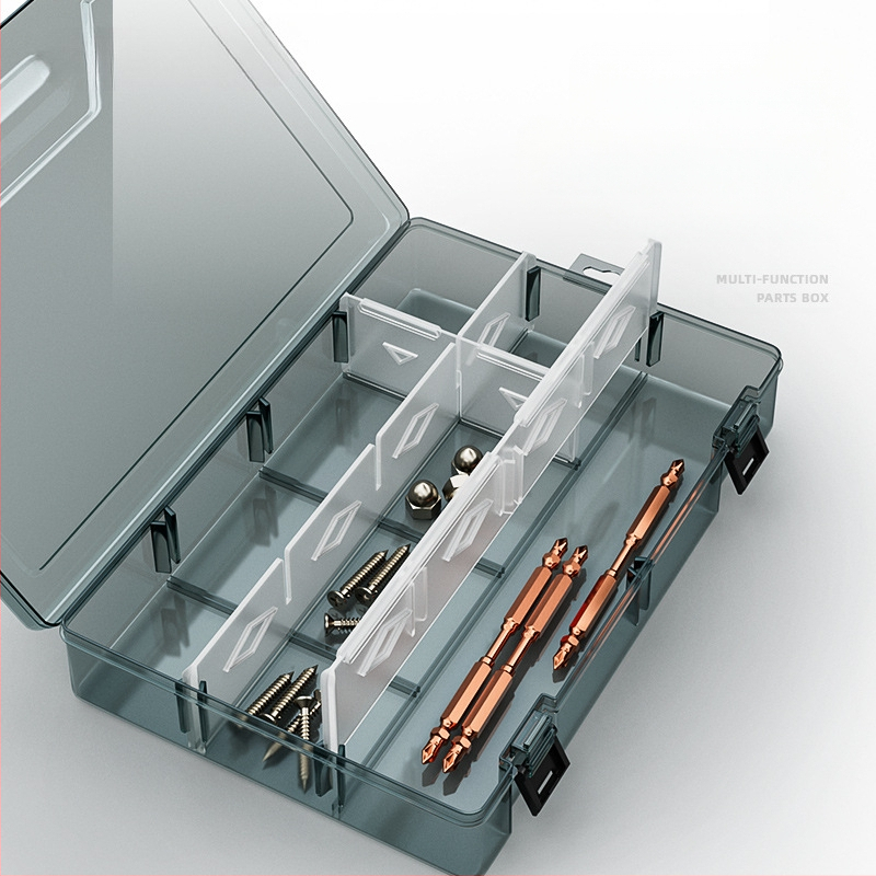 Plasztikus alkatrész tároló doboz többszintes rekeszekkel és megerősített válaszfalakkal, levehető elválasztókkal csavarokhoz, fúrófejekhez és elektronikai alkatrészekhez