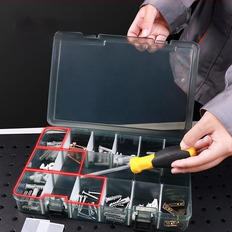 Plasztikus alkatrész tároló doboz többszintes rekeszekkel és megerősített válaszfalakkal, levehető elválasztókkal csavarokhoz, fúrófejekhez és elektronikai alkatrészekhez