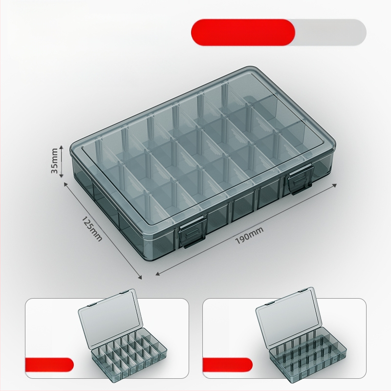 Plasztikus alkatrész tároló doboz többszintes rekeszekkel és megerősített válaszfalakkal, levehető elválasztókkal csavarokhoz, fúrófejekhez és elektronikai alkatrészekhez