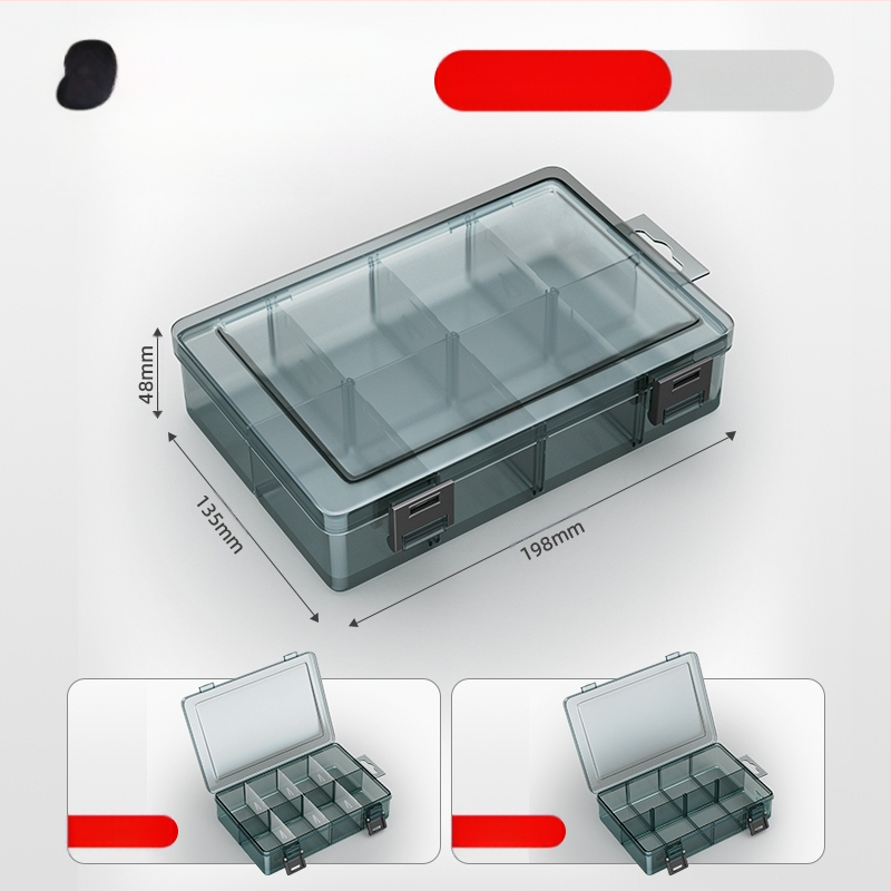 Plasztikus alkatrész tároló doboz többszintes rekeszekkel és megerősített válaszfalakkal, levehető elválasztókkal csavarokhoz, fúrófejekhez és elektronikai alkatrészekhez