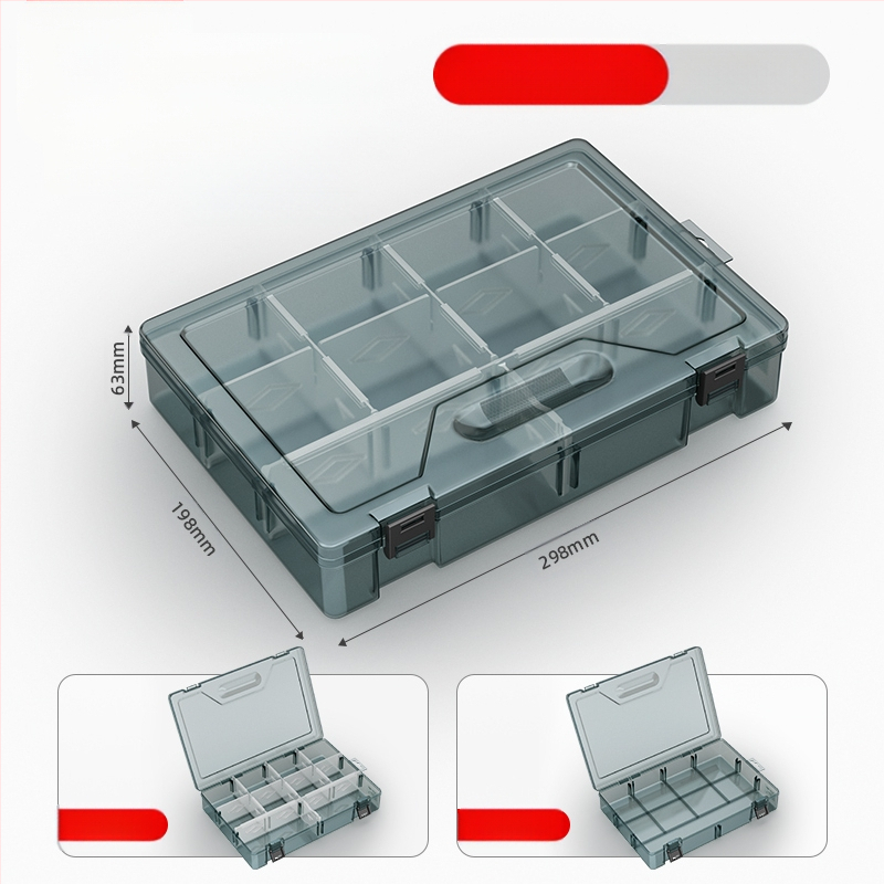 Plasztikus alkatrész tároló doboz többszintes rekeszekkel és megerősített válaszfalakkal, levehető elválasztókkal csavarokhoz, fúrófejekhez és elektronikai alkatrészekhez