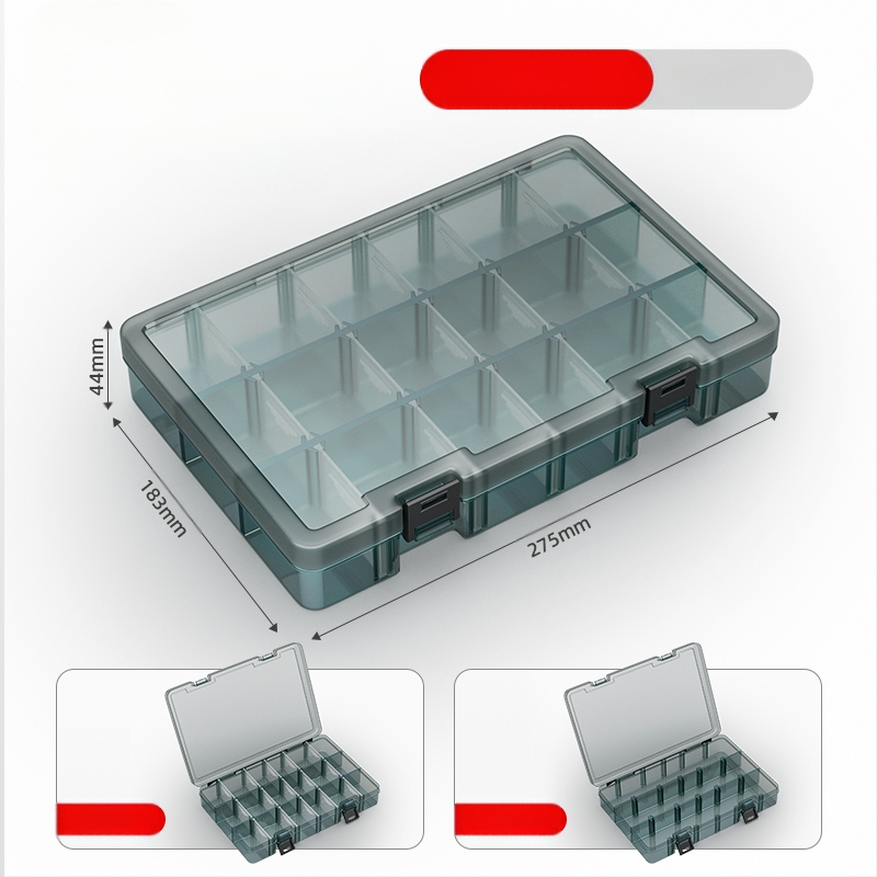 Plasztikus alkatrész tároló doboz többszintes rekeszekkel és megerősített válaszfalakkal, levehető elválasztókkal csavarokhoz, fúrófejekhez és elektronikai alkatrészekhez