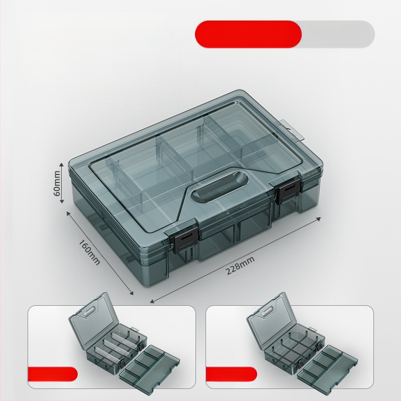 Plasztikus alkatrész tároló doboz többszintes rekeszekkel és megerősített válaszfalakkal, levehető elválasztókkal csavarokhoz, fúrófejekhez és elektronikai alkatrészekhez