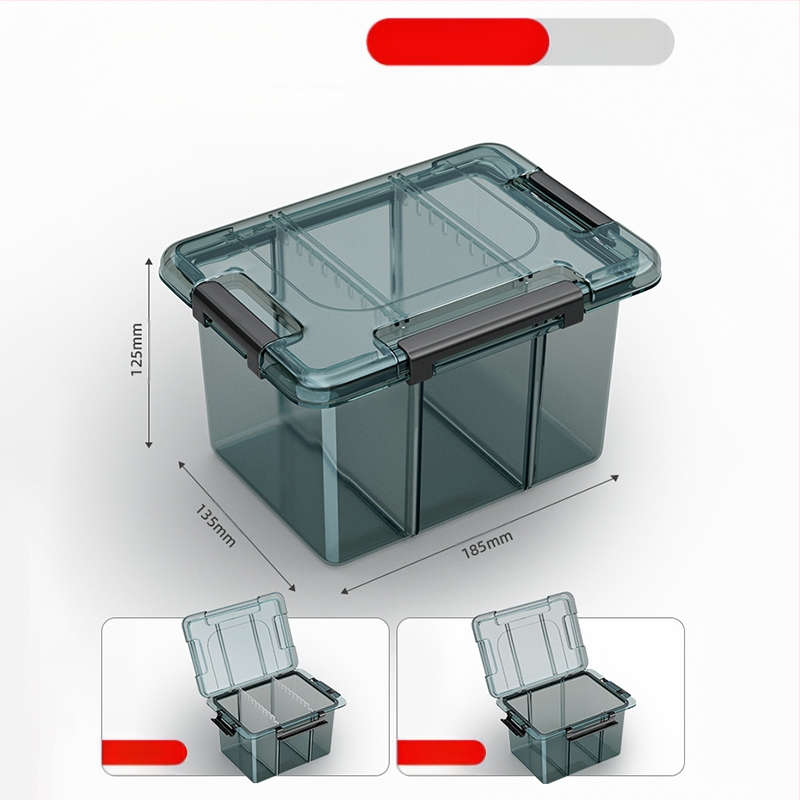 Plasztikus alkatrész tároló doboz többszintes rekeszekkel és megerősített válaszfalakkal, levehető elválasztókkal csavarokhoz, fúrófejekhez és elektronikai alkatrészekhez