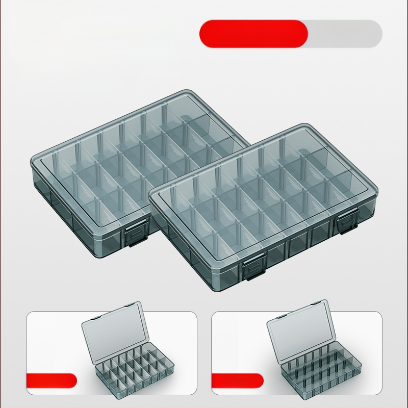 Plasztikus alkatrész tároló doboz többszintes rekeszekkel és megerősített válaszfalakkal, levehető elválasztókkal csavarokhoz, fúrófejekhez és elektronikai alkatrészekhez