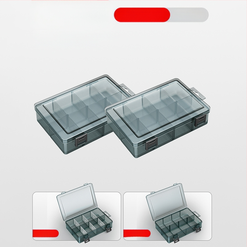 Plasztikus alkatrész tároló doboz többszintes rekeszekkel és megerősített válaszfalakkal, levehető elválasztókkal csavarokhoz, fúrófejekhez és elektronikai alkatrészekhez
