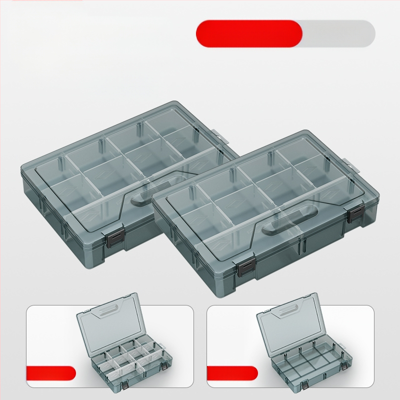 Plasztikus alkatrész tároló doboz többszintes rekeszekkel és megerősített válaszfalakkal, levehető elválasztókkal csavarokhoz, fúrófejekhez és elektronikai alkatrészekhez