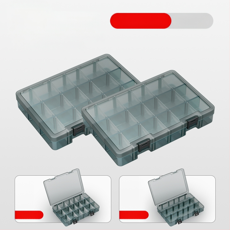 Plasztikus alkatrész tároló doboz többszintes rekeszekkel és megerősített válaszfalakkal, levehető elválasztókkal csavarokhoz, fúrófejekhez és elektronikai alkatrészekhez