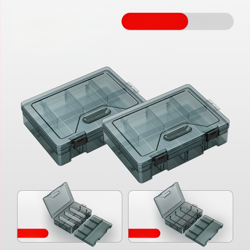 Plasztikus alkatrész tároló doboz többszintes rekeszekkel és megerősített válaszfalakkal, levehető elválasztókkal csavarokhoz, fúrófejekhez és elektronikai alkatrészekhez