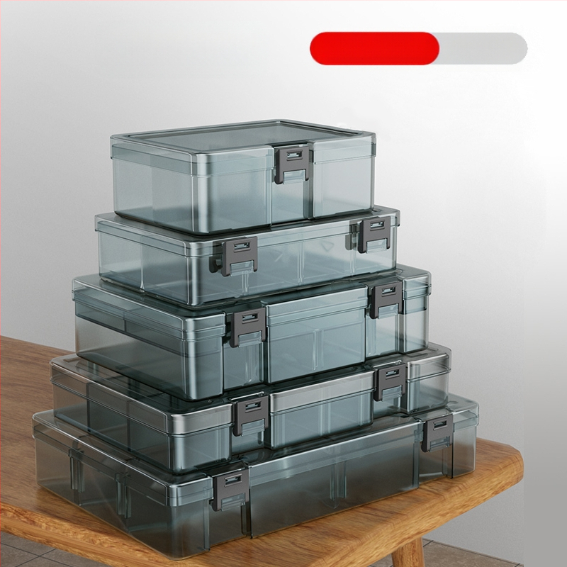 Plasztikus alkatrész tároló doboz többszintes rekeszekkel és megerősített válaszfalakkal, levehető elválasztókkal csavarokhoz, fúrófejekhez és elektronikai alkatrészekhez