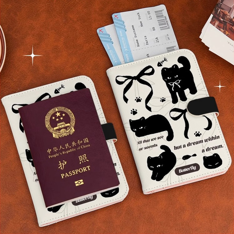 Katės motyvo pasų laikiklis ir kortelių portfelis – PU medžiaga, gyvūnų raštas, pasas/ID laikiklis, 2025 m. pavasaris