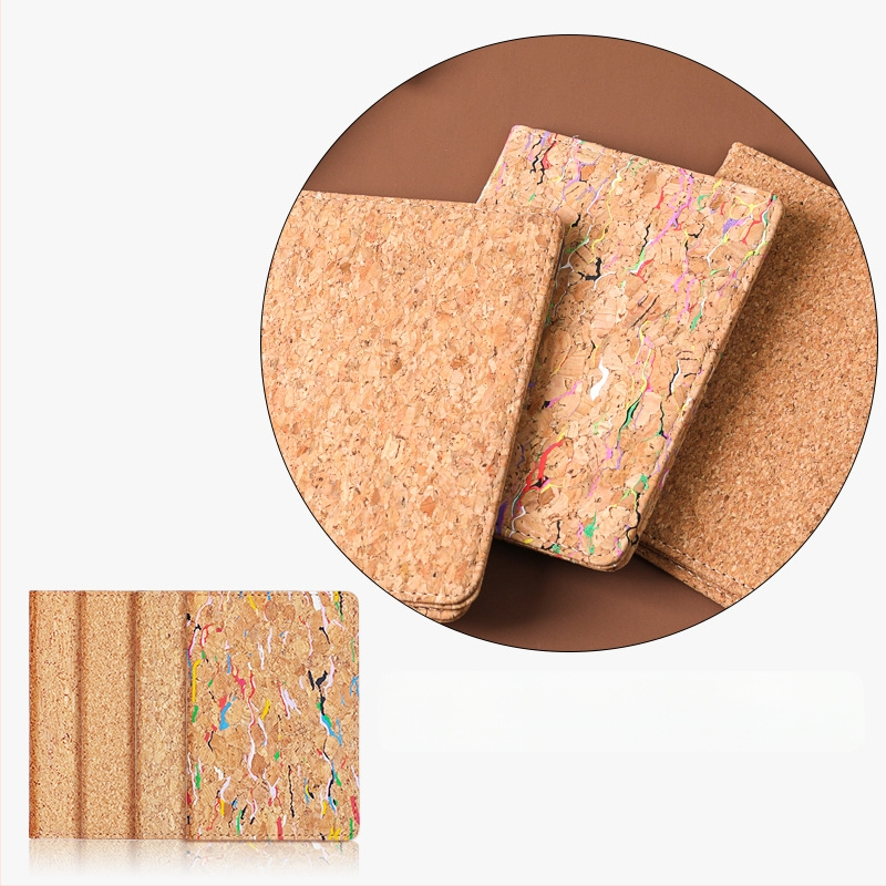 Pasportų ir kortelių dėklas iš natūralios kamštienos ir medžio rašto PU, logotipo spauda – dviejų plokščių dizainas