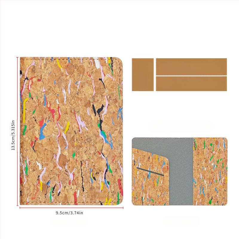 Pasportų ir kortelių dėklas iš natūralios kamštienos ir medžio rašto PU, logotipo spauda – dviejų plokščių dizainas