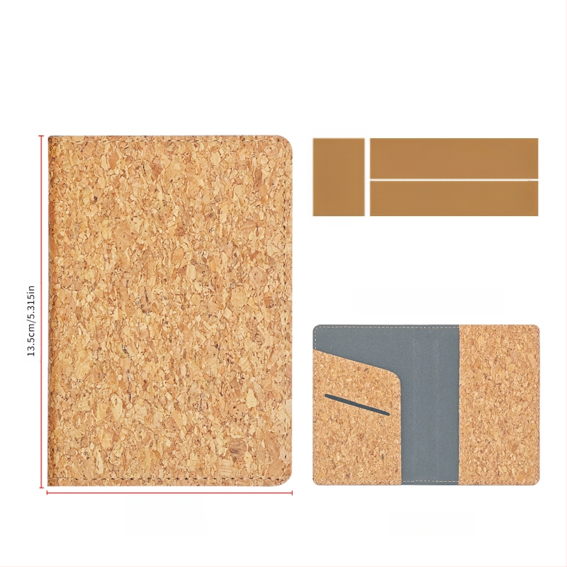 Pasportų ir kortelių dėklas iš natūralios kamštienos ir medžio rašto PU, logotipo spauda – dviejų plokščių dizainas