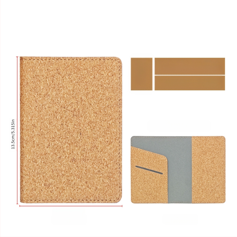 Pasportų ir kortelių dėklas iš natūralios kamštienos ir medžio rašto PU, logotipo spauda – dviejų plokščių dizainas