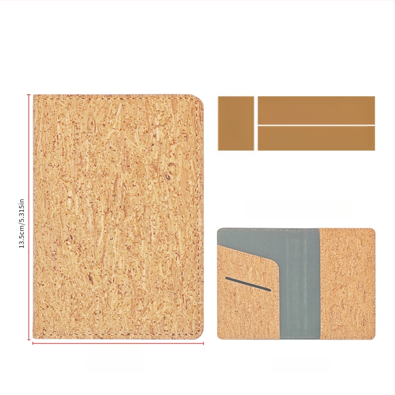 Pasportų ir kortelių dėklas iš natūralios kamštienos ir medžio rašto PU, logotipo spauda – dviejų plokščių dizainas