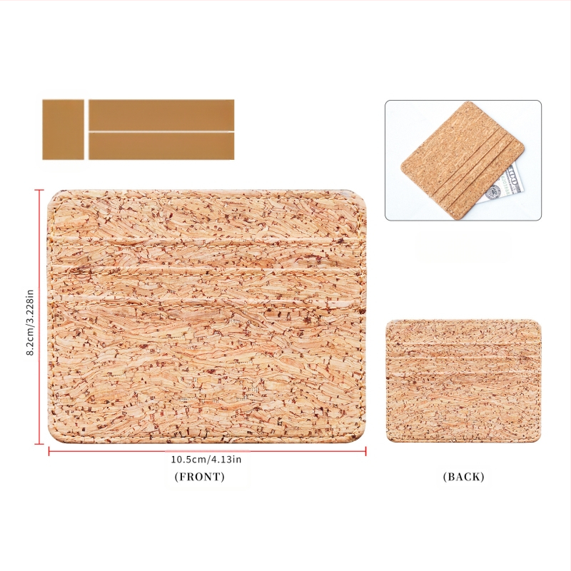 Pasportų ir kortelių dėklas iš natūralios kamštienos ir medžio rašto PU, logotipo spauda – dviejų plokščių dizainas