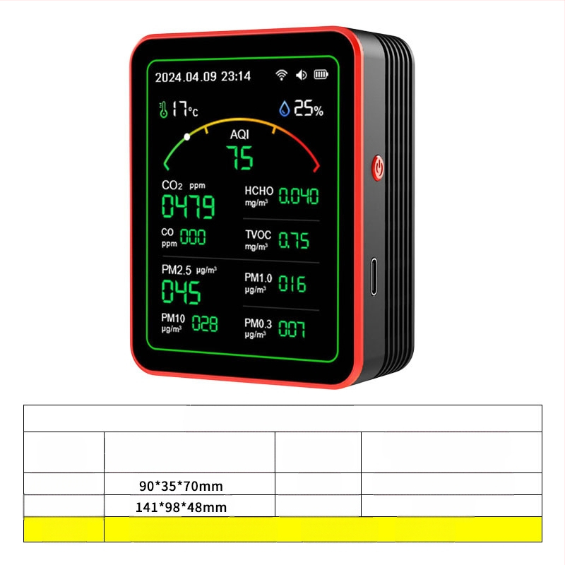 Ανιχνευτής ποιότητας αέρα 15-σε-1: CO2, PM2.5, TVOC, φορμαλδεΰδη, θερμοκρασία & υγρασία, μοντέλο ZN-MT22, εύρος CO2 400-5000 ppm, ακρίβεια 1 ppm, DC 3.7V