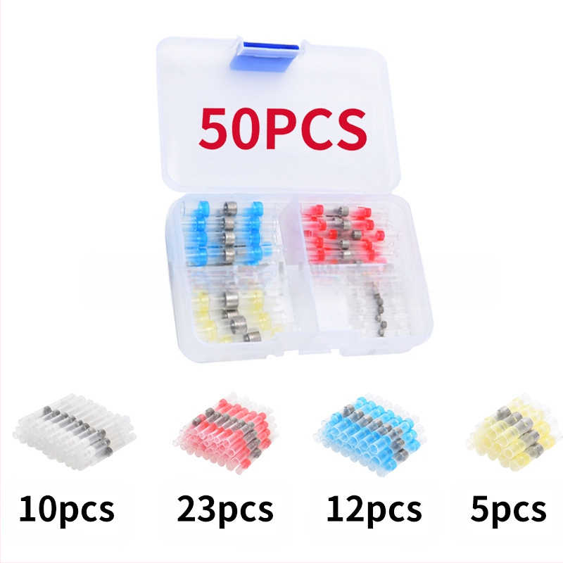 Комплект термозакриващи терминали със запояващи пръстени и тръби, 50 броя; Бранд ZJBOSAI; Изолационен материал PE; Корпус PE; Приложение: електрически монтажи; Номинална мощност: 24