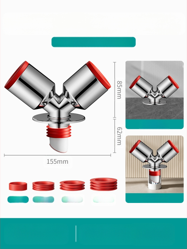 Trys galvos nuotekų T jungtis skalbimo mašinai — ABS + silikonas, elektroplatintos apdailos, universalus jungtis, prieš kvapus