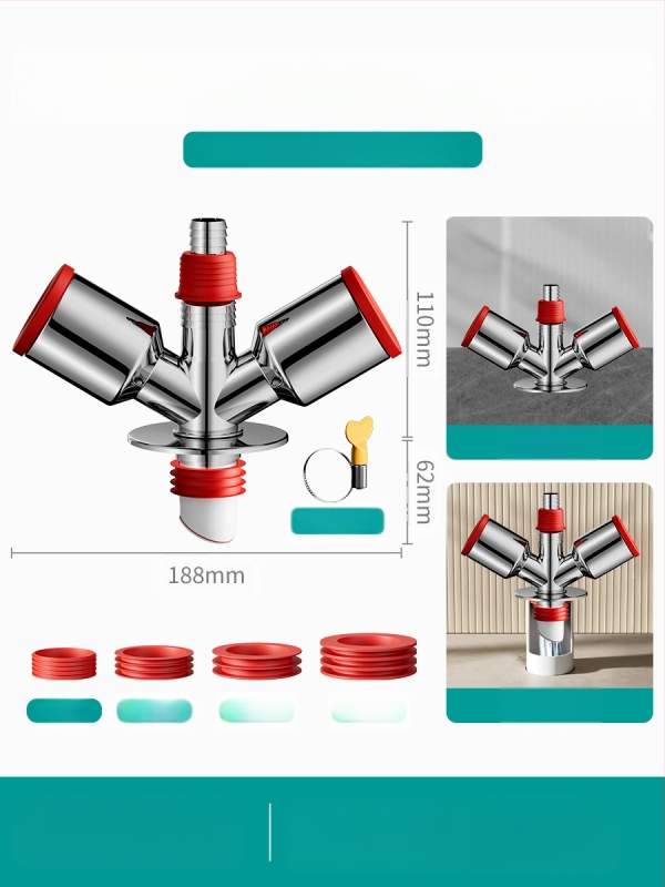 Trys galvos nuotekų T jungtis skalbimo mašinai — ABS + silikonas, elektroplatintos apdailos, universalus jungtis, prieš kvapus